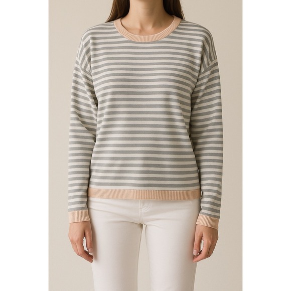 anrabess Sweaters - Anrabess Striped Knit Pullover Top Gray White Peach Crew Neck Sweater